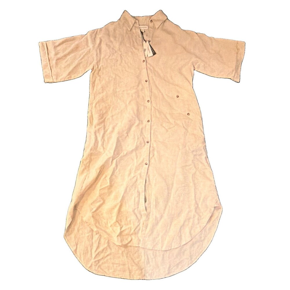 Banana Republic Beige Linen Woven Shirt Dress Short Sleeve Collared Knee S